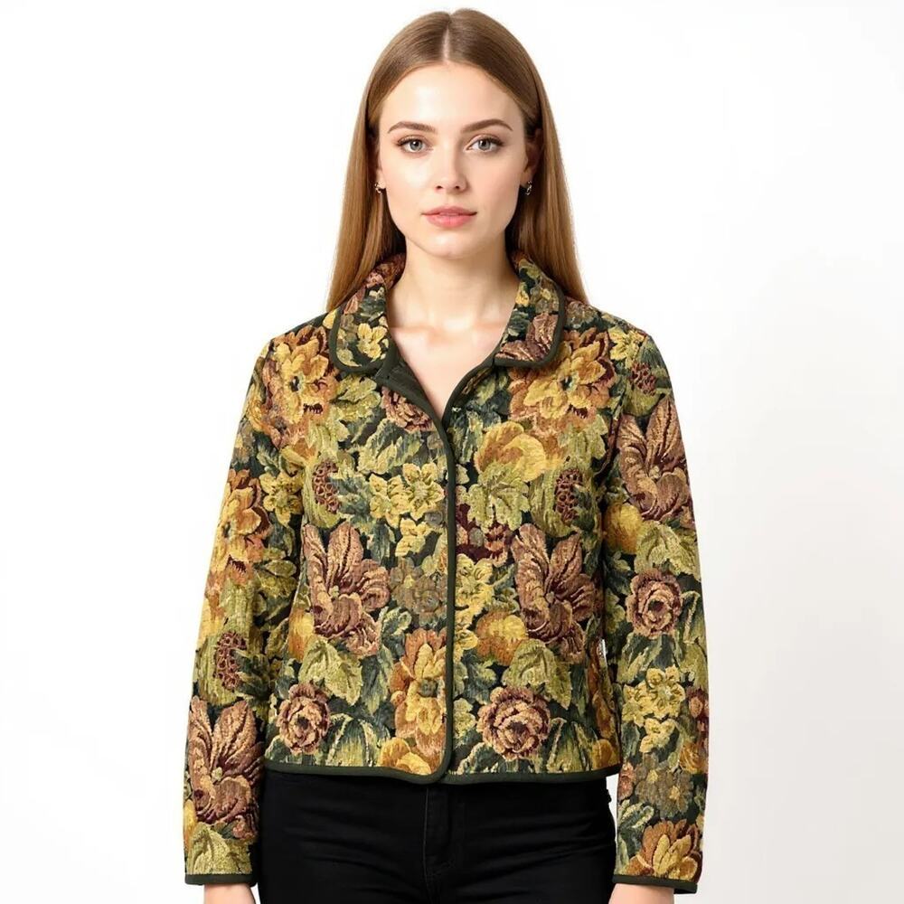 Womens Vtg Floral Needlepoint Jacket Cottagecore Piping Sz Med Autumn Tapestry